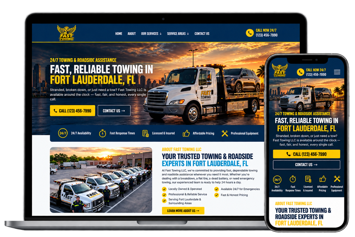 Example towing company website shown on laptop and mobile phone